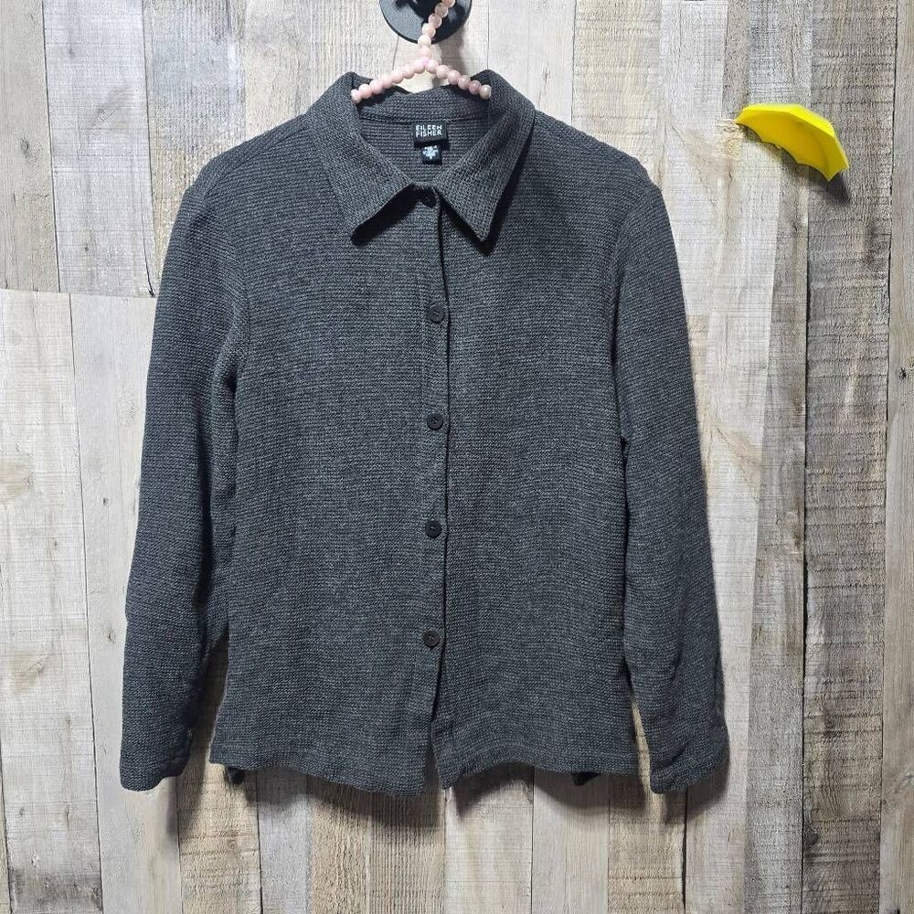 Eileen Fisher Grey Viscose Wool Blend Knit Button Up Shirt Small Minimalist Cozy